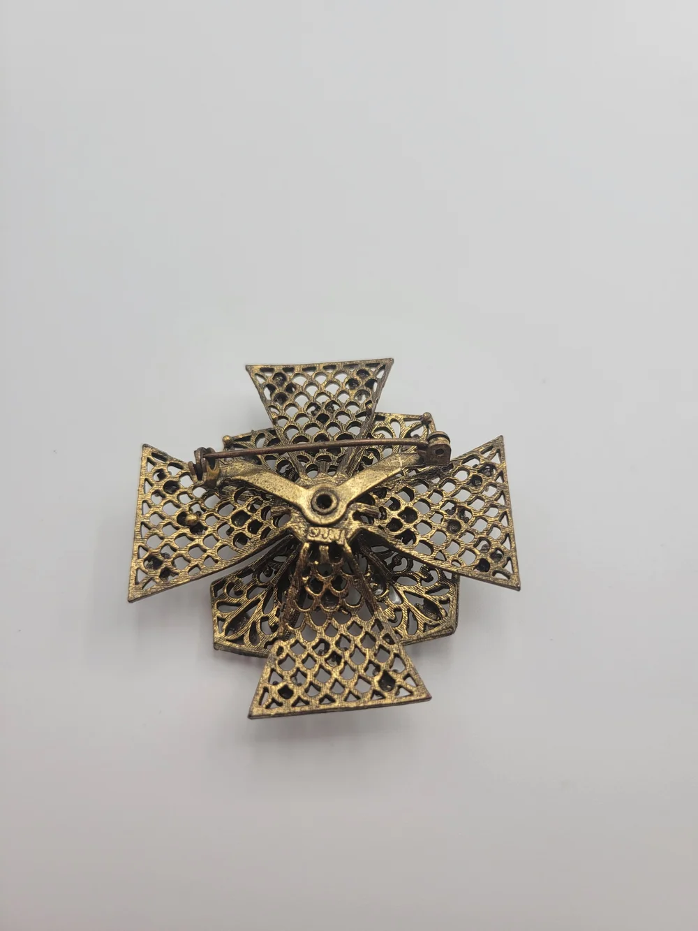 Vintage-Inspired JJ Green and Blue Filigree Cross Brooch